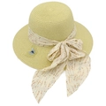 Detailed close-up of straw sun hat with floral ribbon bow and embroidered butterfly patch - Beige Yellow