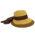 Cappello da sole in paglia beige da donna con tesa larga e nastro decorativo marrone scuro - Taglia unica / Marrone
