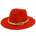 Red Panama sun hat for women with wide brim and elegant golden chain strap decoration - Red
