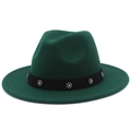 Detailed close-up of dark green wool fedora with rhinestone flower buckle belt - Dark Green