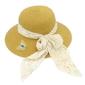 Detail of straw sun hat featuring floral chiffon ribbon bow and butterfly embroidery - Khaki