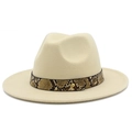 Detail view of beige wool jazz hat featuring snake pattern leather band and gold rivet - Beige