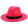 Detail of rose red fedora hat featuring a black band with crystal daisy flower accents - Rose Red