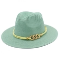Mint green straw Panama sun hat with woven texture and gold chain link buckle detail - Mint Green