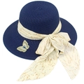 Detailed texture of dark blue straw sun hat with floral ribbon and butterfly patch decoration - Navy Blue