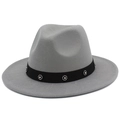 Detailed close-up of grey wool fedora hat featuring black band with rhinestone flowers - Gray