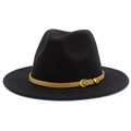 Detail of black wool fedora hat featuring a light brown leather band with gold buckle - Black