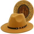 Mustard yellow fedora hat with leopard print lining and elegant leather strap trim - One Size / Khaki