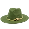 Detailed macro view of military green straw fedora hat with golden chain and woven rope detail - Grass Green