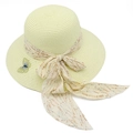 Women's summer straw sun hat with floral ribbon bow and butterfly embroidery - Off White