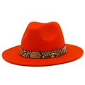 Close-up of orange wool fedora featuring snakeskin leather band and gold rivet detail - Orange Red