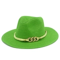 Detailed macro of fluorescent green straw sun hat featuring elegant golden chain link decor - Emerald Green