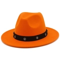 Close-up of orange wool fedora hat featuring a black band with floral rhinestone rivets - Orange