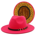 Fuchsia wide brim fedora hat with leopard print underbrim and gold buckle band decoration - One Size / Rose Red