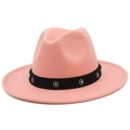 Detailed view of pink wool fedora hat with black rhinestone floral decorative band - Flesh Pink