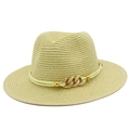 Detail of beige straw Panama hat with golden metal chain and twisted rope trim - Beige