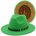 Green wool felt fedora hat for men and women with leopard print brim and metal buckle - One Size / Green