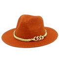 Detail of orange straw Panama hat with golden chain link and twisted rope decoration - Dusty Pink