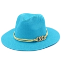 Detail of bright blue straw fedora hat with double-strand rope and rhinestone chain - Lake Blue