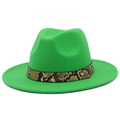Close-up of emerald green fedora hat featuring snake skin band and gold rivet detail - Grass Green