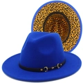 Close-up of blue fedora hat with gold horsebit buckle and leopard print lining detail - One Size / Sapphire Blue