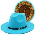 Detail of blue wool felt fedora featuring a leopard print underbrim and black gold buckle - One Size / Sky Blue