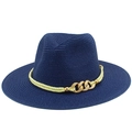 Detail of navy straw fedora hat featuring fine weave and gold chain link rope band - Dark Blue