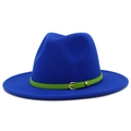 Macro detail of bright blue wool fedora featuring a neon green thin leather belt - One Size / Sapphire Blue