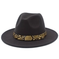 Detailed close-up of dark felt fedora hat featuring snake skin band and gold buckle - Dark Gray