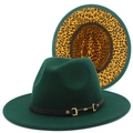 Macro detail of the leopard print lining and gold horsebit buckle on a green wool fedora hat - One Size / Dark Green