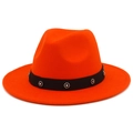 Detail of orange wool fedora with black ribbon band and sparkling rhinestone petals - Orange Red