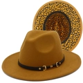Close-up of wool fedora hat featuring golden buckle detail and leopard print brim lining - One Size / Brown