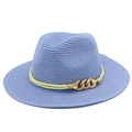 Lavender panama straw sun hat with woven yellow rope and golden chain for summer - Light Blue
