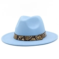Detail of light blue wide brim felt fedora hat with brown snakeskin leather belt and stud - Light Blue