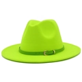 Detail of neon green wool fedora hat with matching thin leather strap and gold buckle - One Size / Neon Yellow