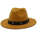 Detailed close-up of wide-brim wool felt fedora featuring rhinestone flower buckle trim - Brown