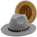 Light gray Fedora hat with leopard print lining and elegant leather buckle band - One Size / Gray