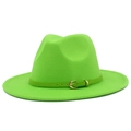 Detail view of a bright green wool jazz hat featuring a matching leather belt with gold buckle - One Size / Fluorescent Green