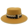 Vintage camel wool felt flat top boater hat with pearl and rhinestone ribbon for unisex - Khaki