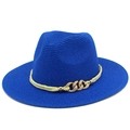 Close-up of royal blue straw sun hat featuring a gold chain and woven cord detail - Sapphire Blue