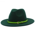 Detailed close-up of dark green wool felt fedora with bright green belt and gold buckle - One Size / Dark Green