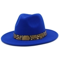 Close-up of royal blue fedora hat featuring snake print belt with gold metal studs - Sapphire Blue