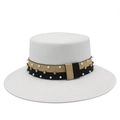 Elegant white wool felt boater hat with pearl and rhinestone gold glitter band decoration - White