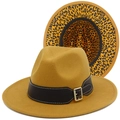 Close-up of yellow wool fedora hat with black leather strap and leopard print lining detail - Khaki