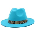 Detail of teal fedora hat featuring a snakeskin leather band and gold stud accent - Sky Blue
