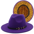 Detail view of purple fedora hat with leopard print brim and gold buckle accents - One Size / Purple