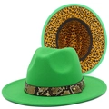 Green Fedora hat with snakeskin band and leopard print underbrim for outdoors - Green