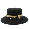 Retro black wool fedora with flat top and rhinestone-encrusted pearl ribbon trim - Black