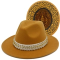 Elegant camel fedora wool hat with pearl rhinestone band and leopard print lining - Khaki