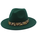 Detail of dark green Fedora hat featuring a snakeskin pattern band and gold rivet accent - Dark Green